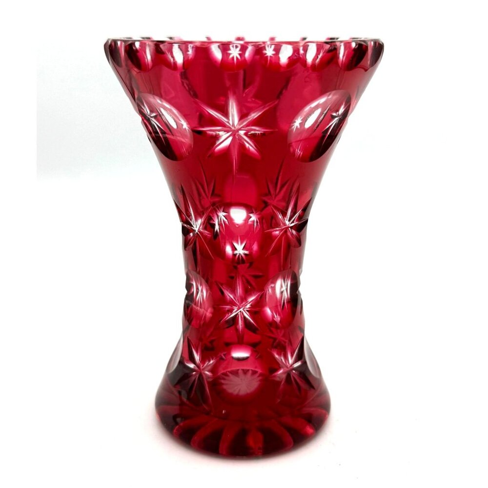 Bohemian Lead Crystal Cut to Clear Cranberry Round Thumb Star Vase VTG